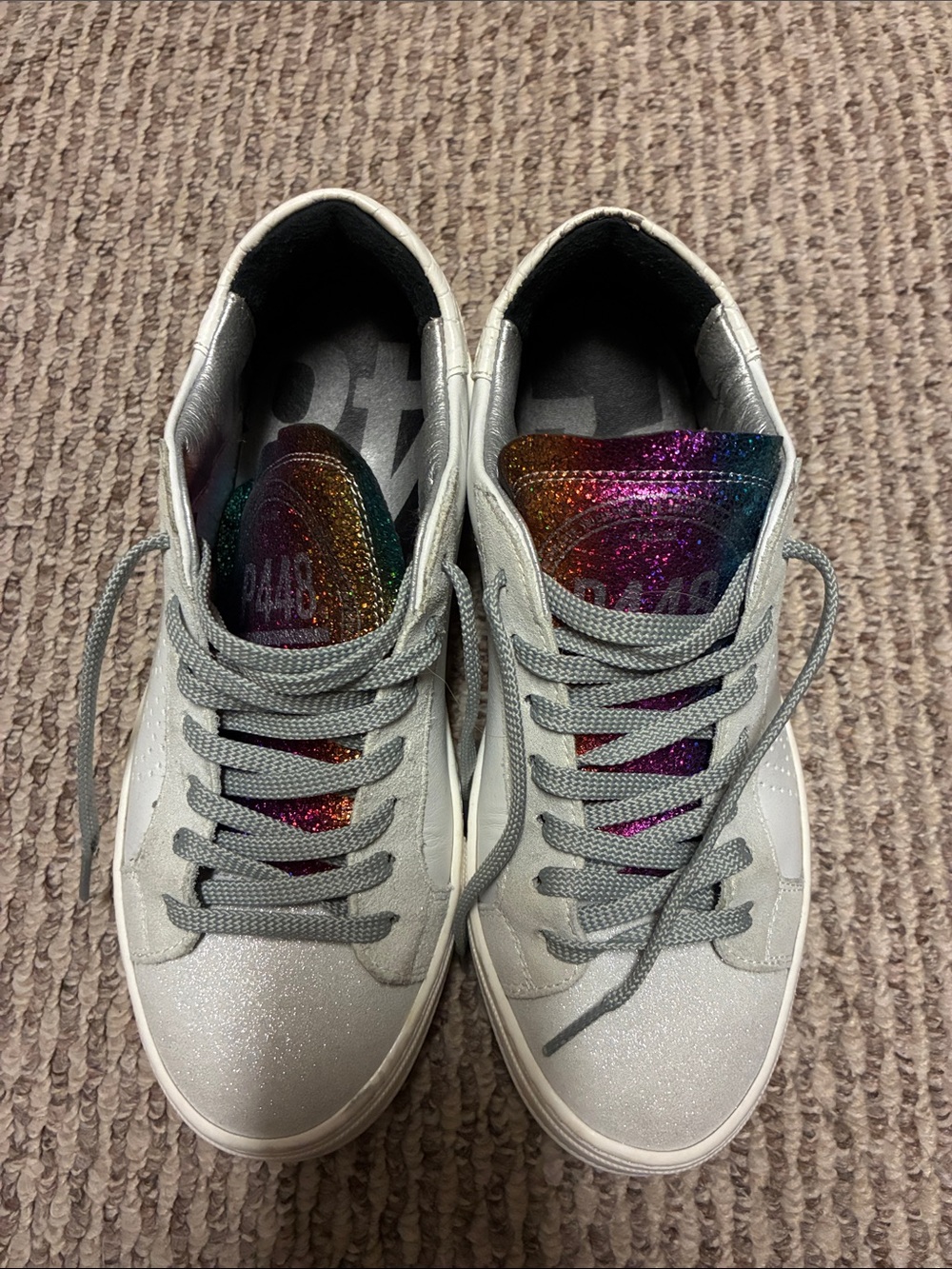 Women's P448 Silver Glitter Low-Top Sneakers with Multicolor Tongue